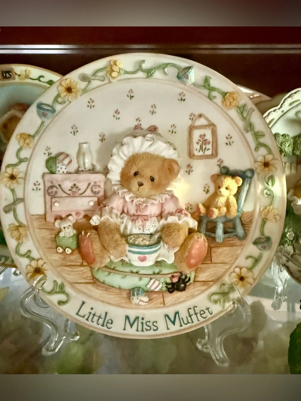 Cherished Teddies Little Miss Muffet Plate - Pink, Green, Cream